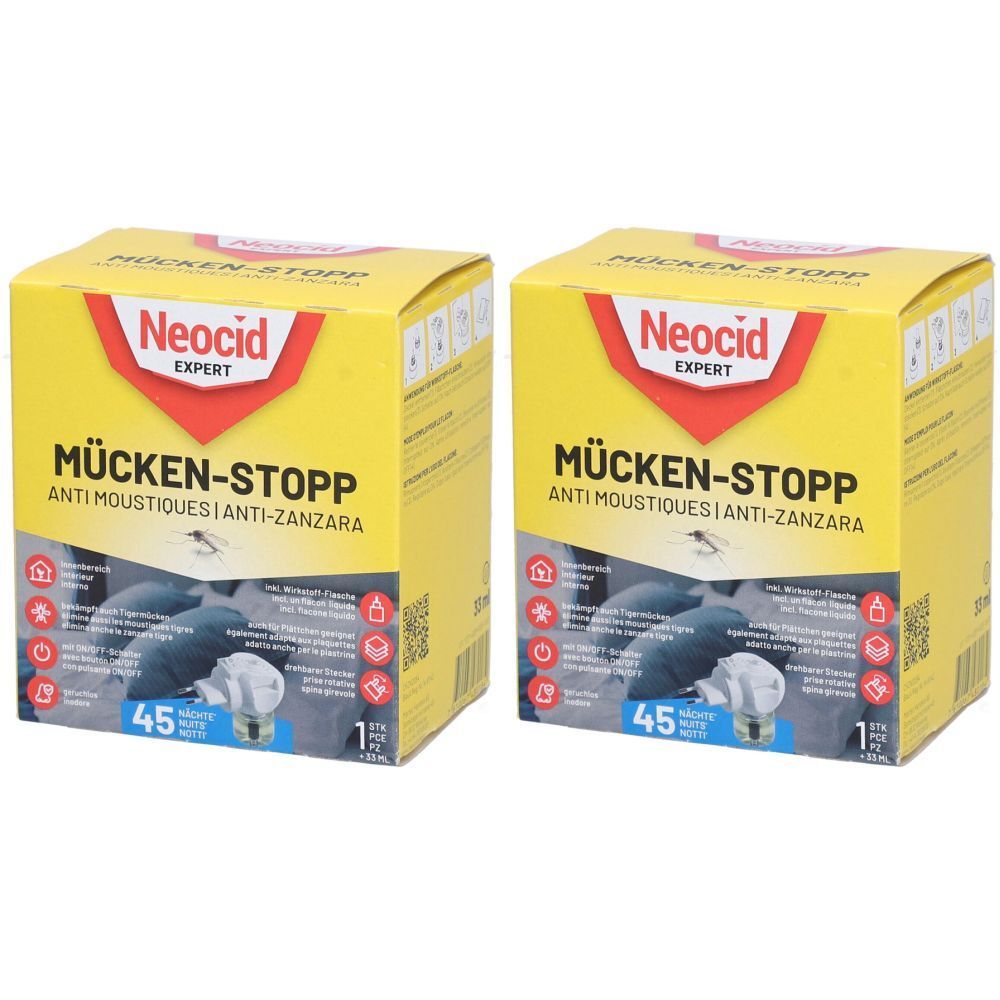 Zwei gelbe Kartons mit der Aufschrift "Mücken-Stopp" und dem Logo "Neocid Expert". Enthält 45 Stück.