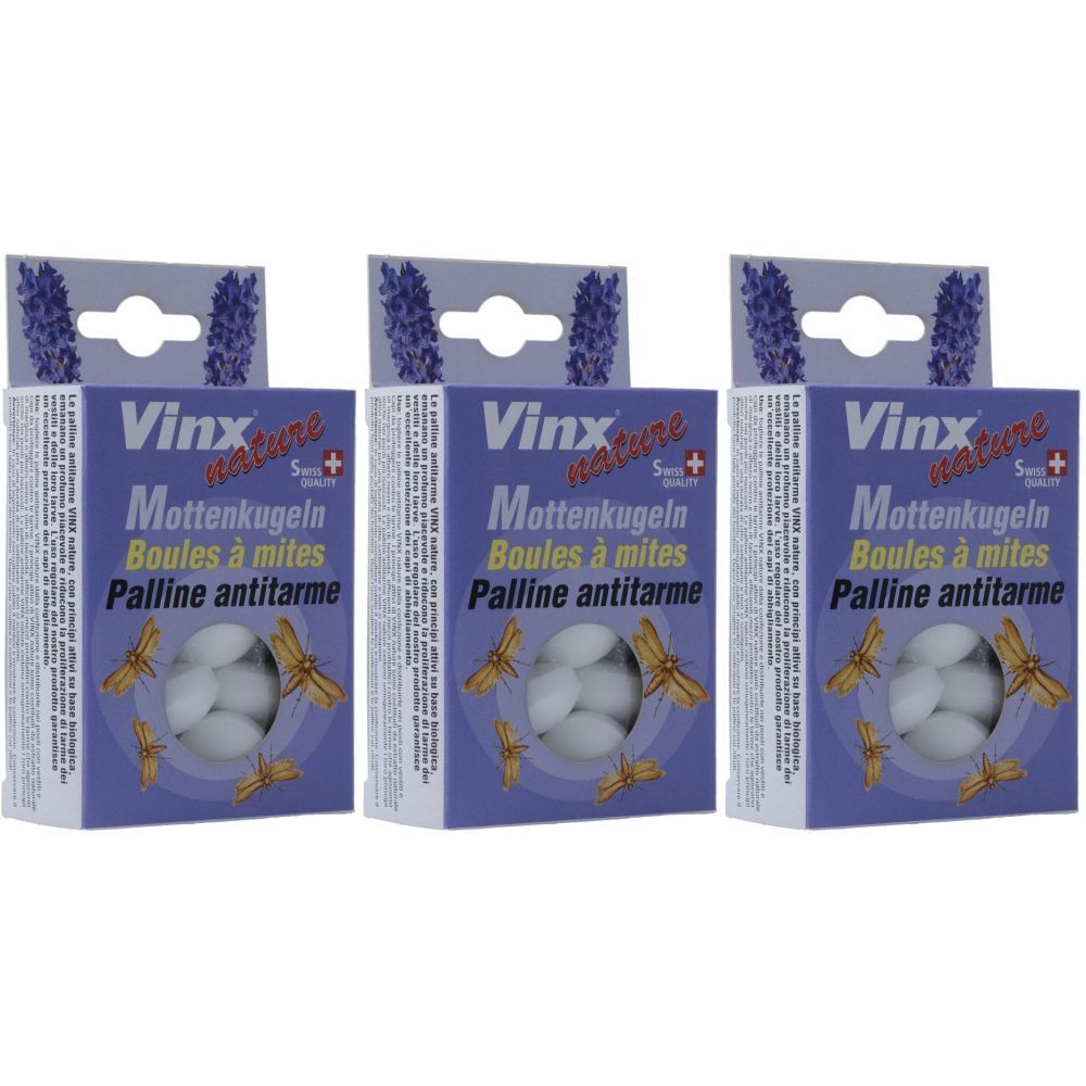 Drei Schachteln mit VINX Nature Mottenkugeln. Jede Schachtel zeigt Kugeln und Insekten. Text: Mottenkugeln, Boules à mites, Palline antitarme.