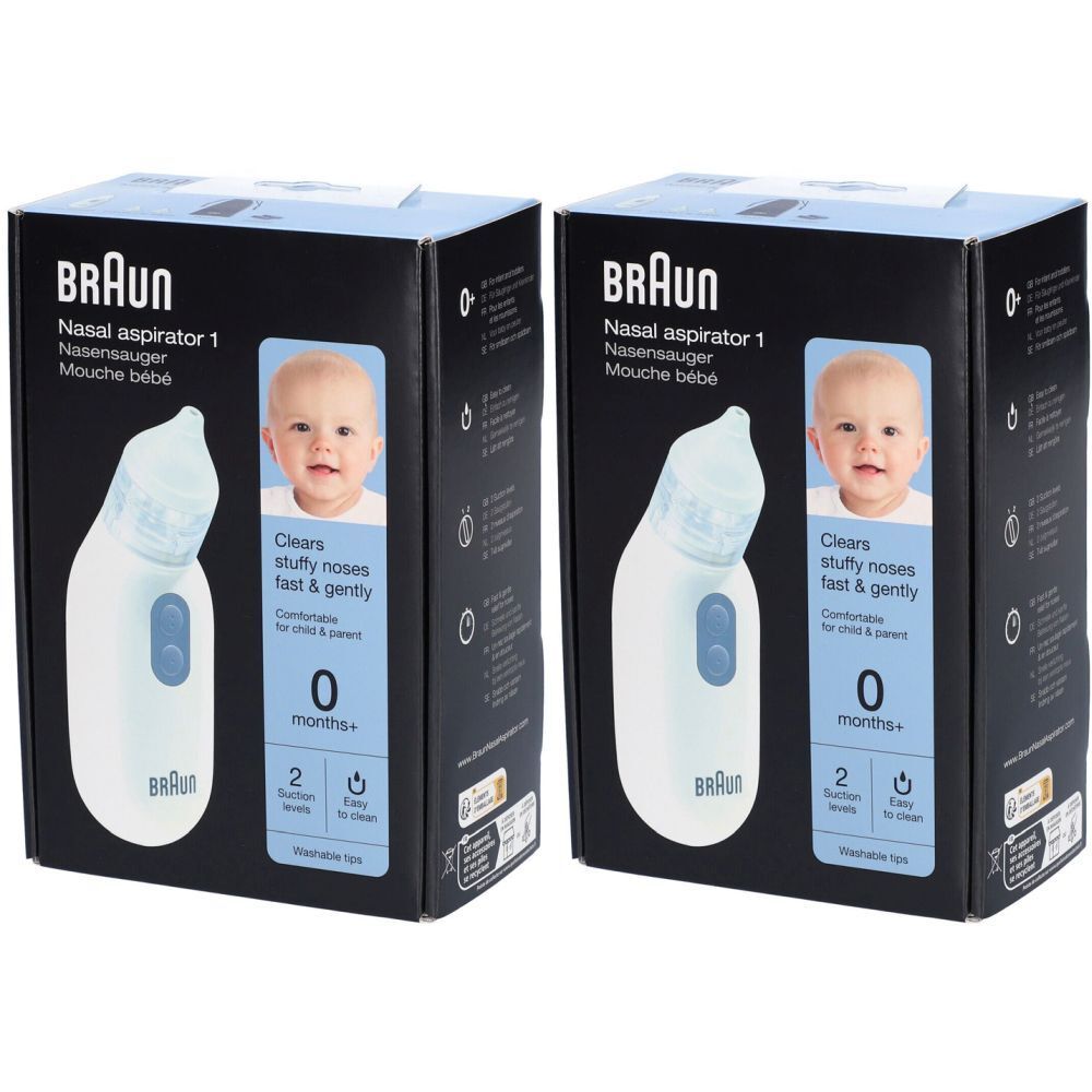 Deux boîtes d'aspirateur nasal Braun. Inscription: Nasal aspirator 1, convient dès 0 mois. Avec photo de bébé.