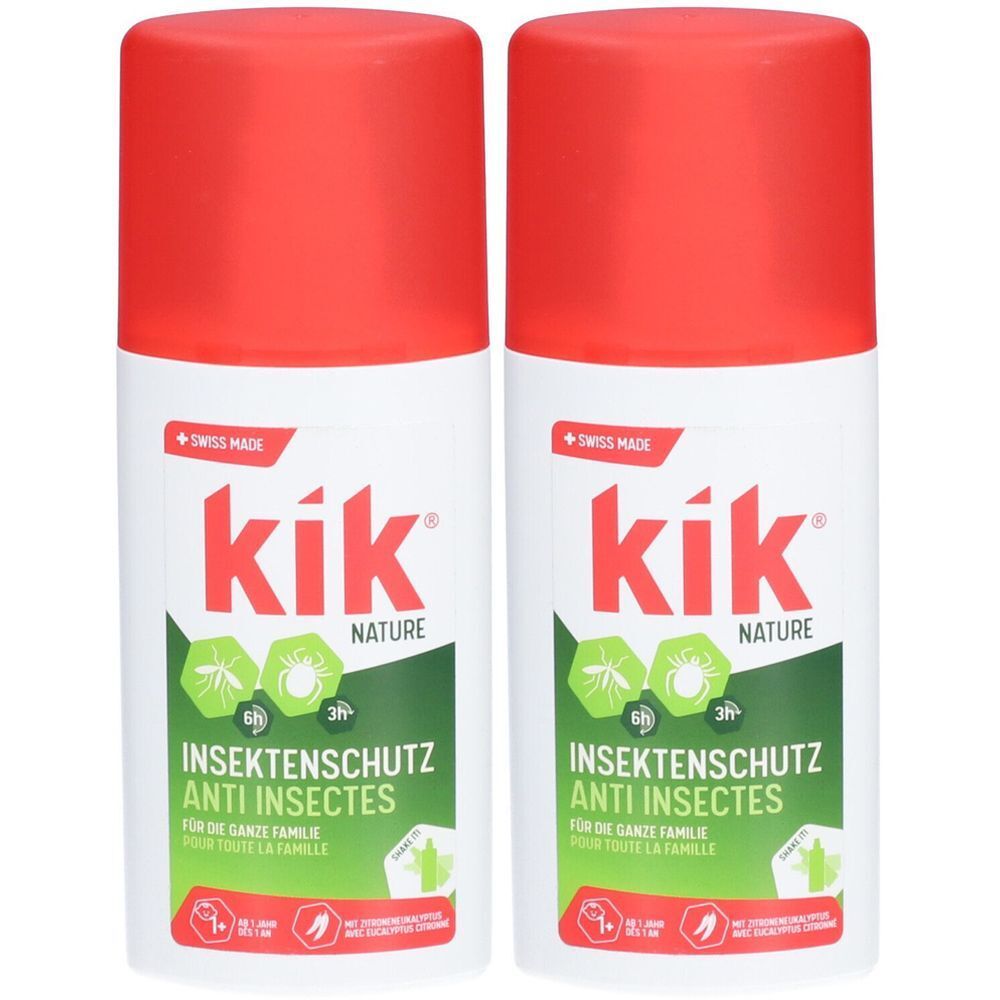Zwei weiße Sprays mit rotem Deckel. Aufschrift: kik nature, Insektenschutz, Anti Insectes. Swiss Made.