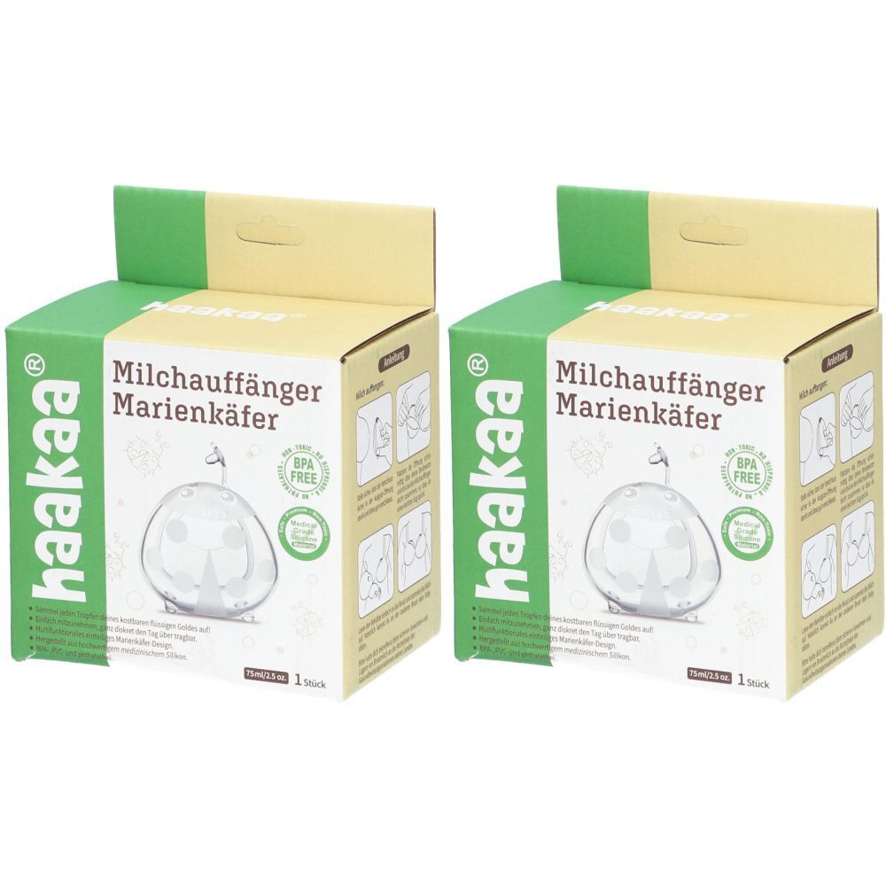 Zwei HAAKAA® Milchauffänger-Verpackungen. Kartons mit Produktabbildung und Text. BPA-frei-Siegel.
