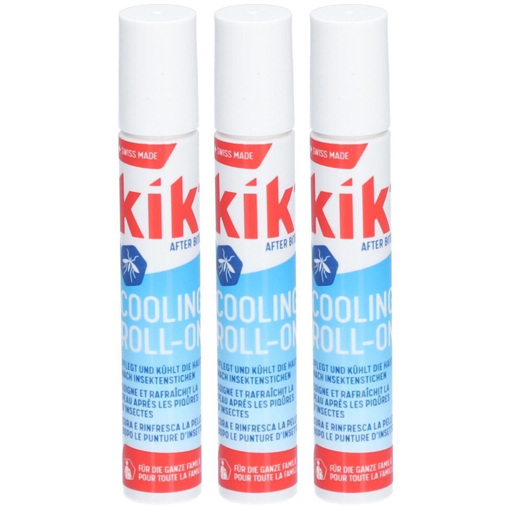 Drei Roll-ons mit weißem Deckel. Aufschrift: kik, After Bite, Cooling Roll-on. Blaue und rote Farbgebung.