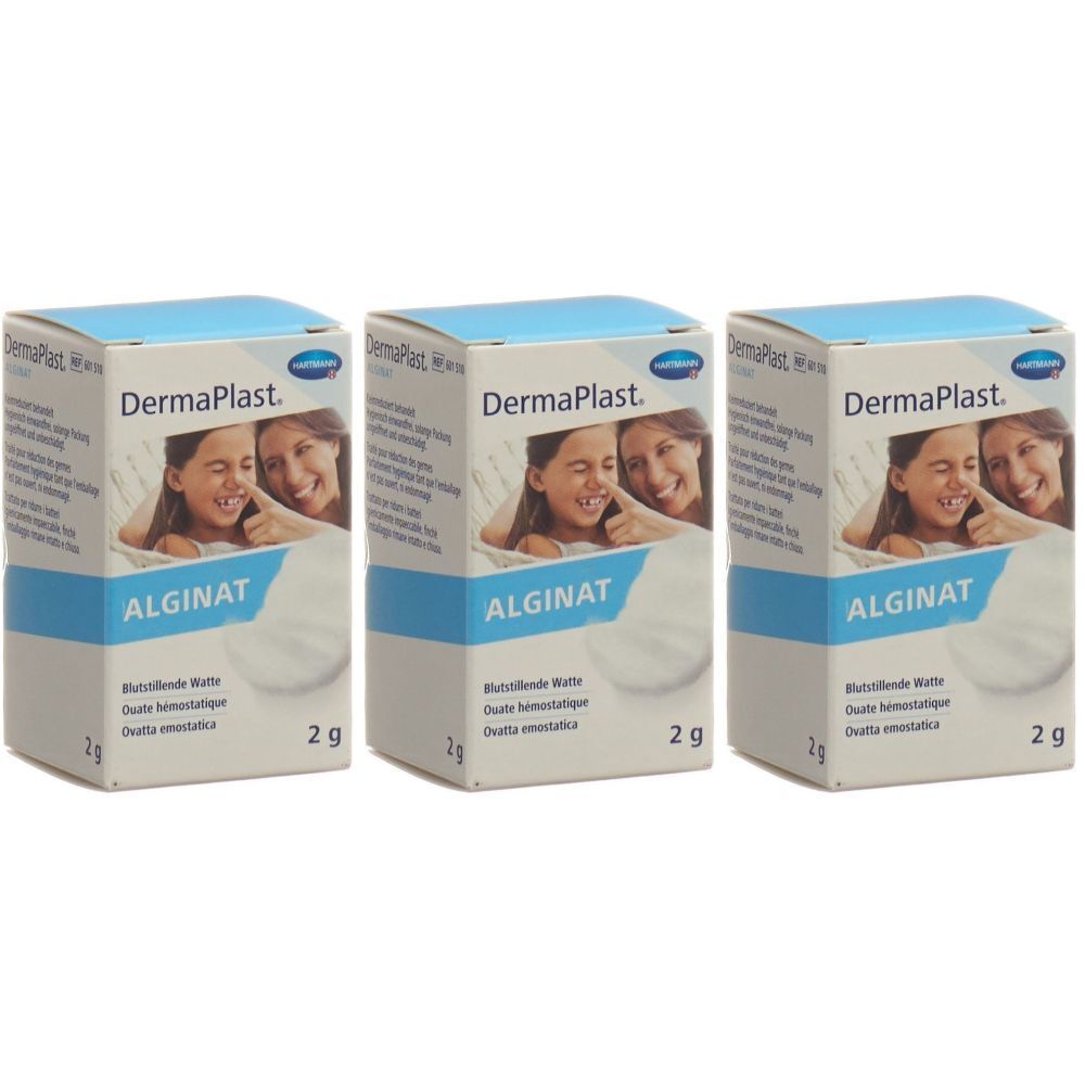Drei Schachteln DermaPlast Alginat. Blaue und weiße Verpackung mit Produktnamen und Abbildung von zwei Frauen.