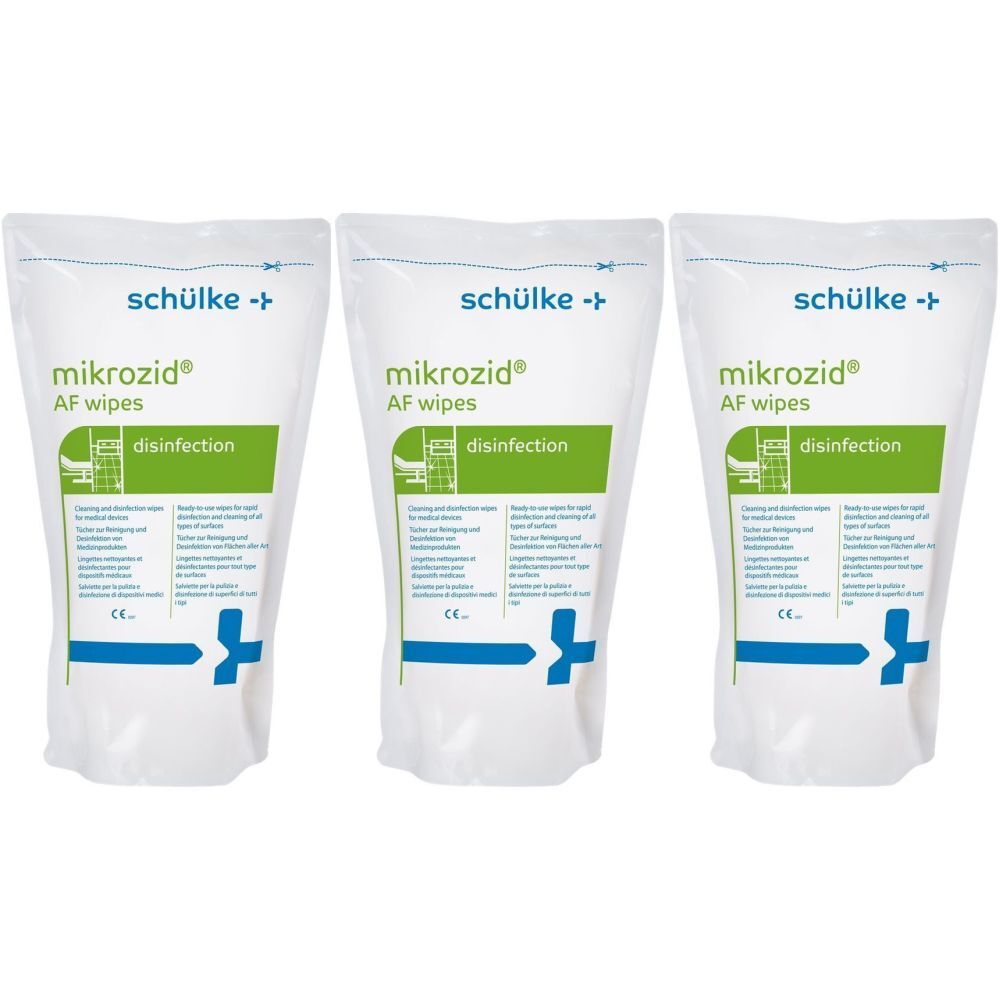 Drei Nachfüllpackungen MIKROZID® AF wipes. Weiße Beutel mit grünen und blauen Elementen. Schriftzug: schülke, mikrozid® AF wipes, disinfection.