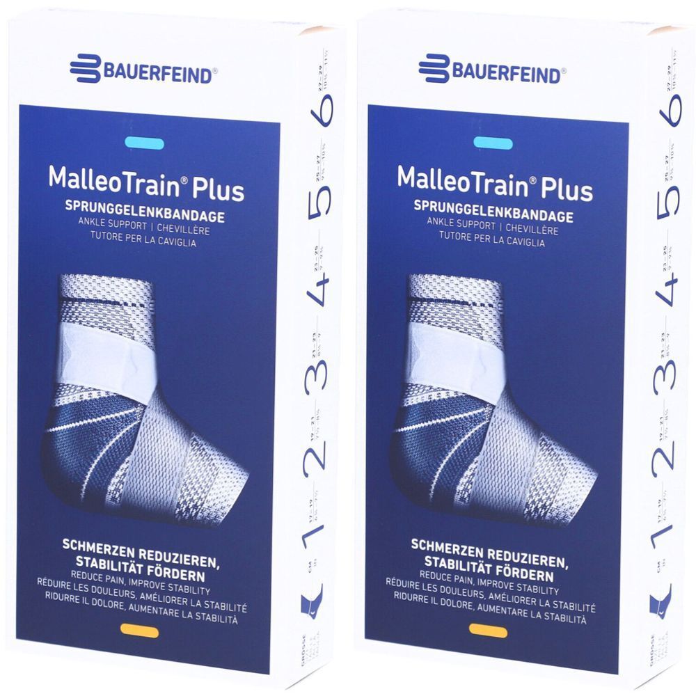Zwei Verpackungen von BAUERFEIND MalleoTrain Plus Aktivbandage. Blaue Verpackung mit Bandage-Abbildung und Größenangabe.