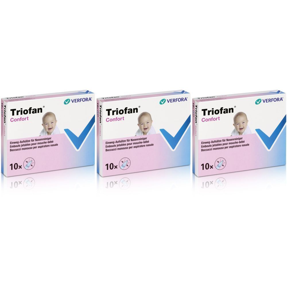 Drei Packungen TRIOFAN® Komfort Ohrstöpsel. Jede Packung zeigt ein Baby, den Schriftzug "TRIOFAN Komfort" und das Logo von VERFORA.