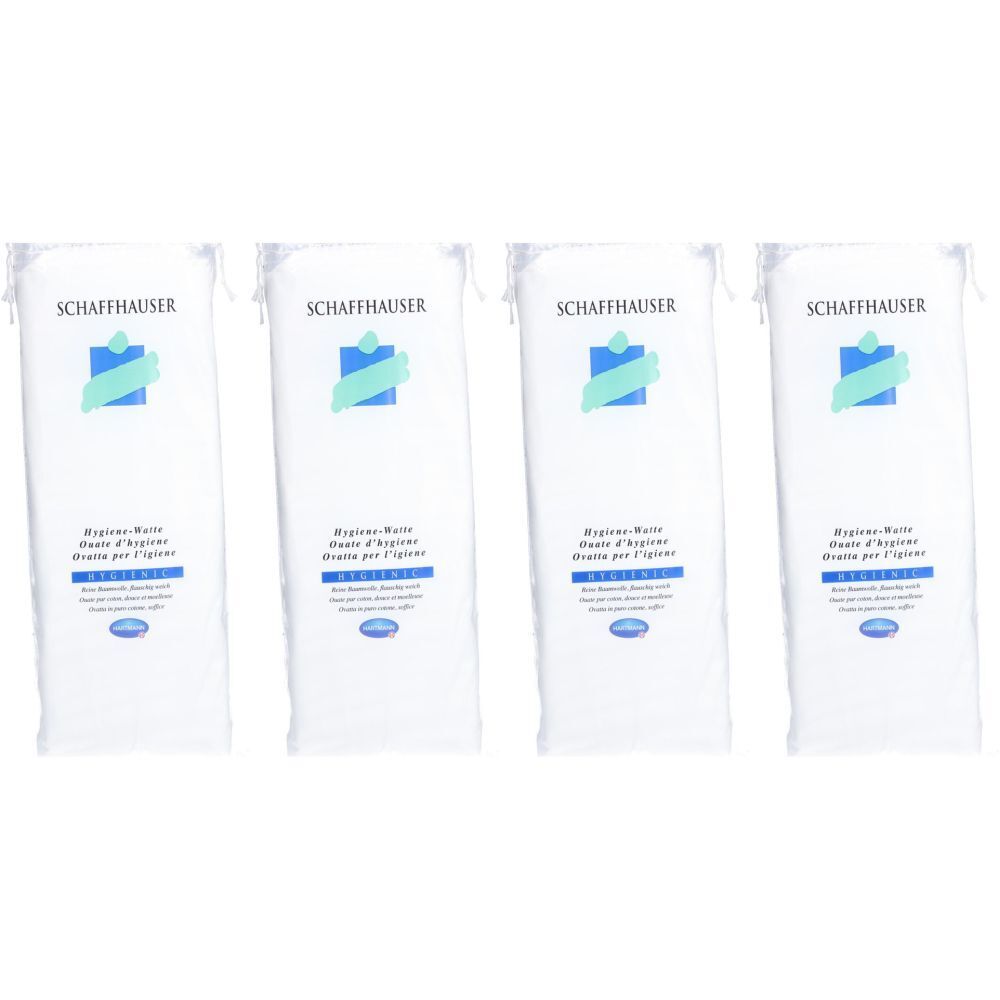 Vier Packungen Hygienische Baumwollwatte. Weiße Verpackung mit Logo und Schriftzug SCHAFFHAUSER. Text in Deutsch und Französisch.