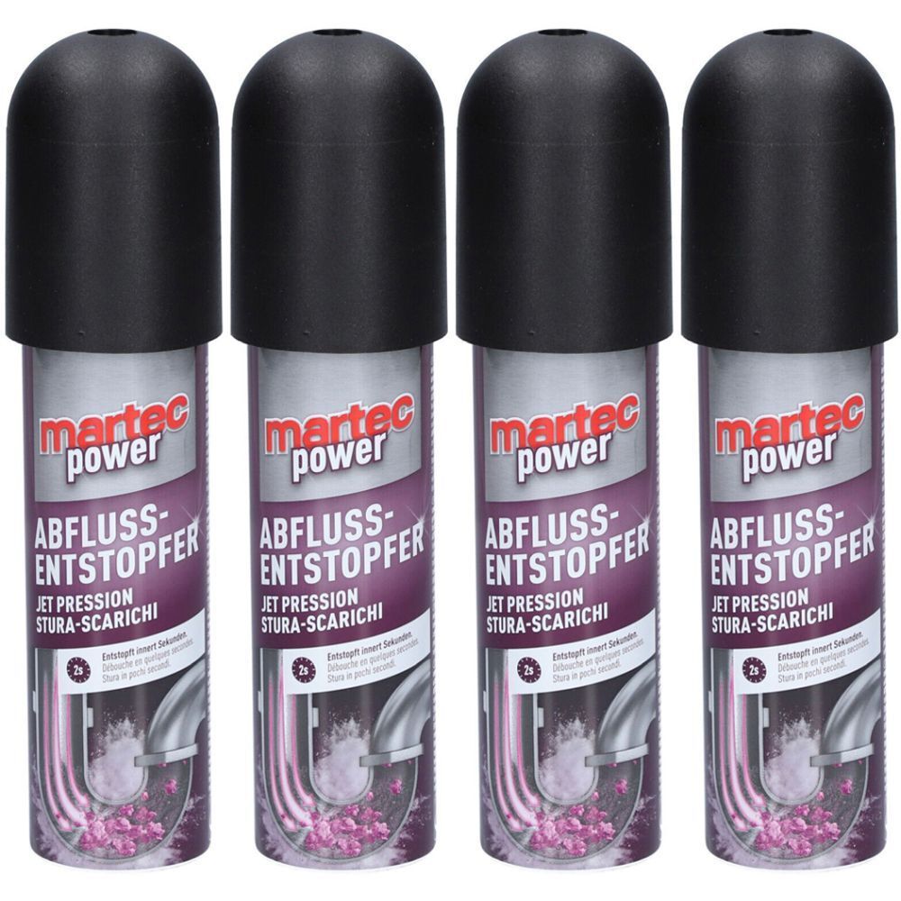 Vier zylindrische Flaschen mit schwarzen Kappen. Auf jeder Flasche steht "martec power ABFLUSS-ENTSTOPFER JET PRESSION STURA-SCARICHI".