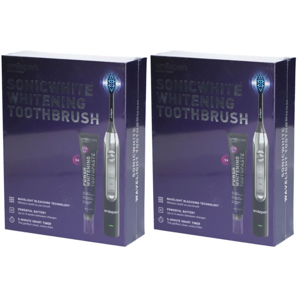Zwei Verpackungen mit elektrischer Zahnbürste und Zahnpasta. Aufschrift: Sonicwhite Whitening Toothbrush.