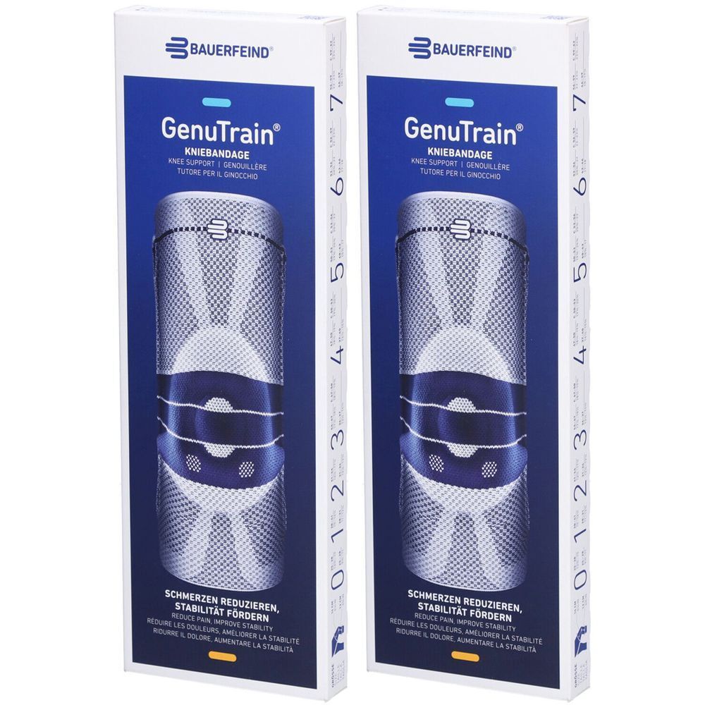 Zwei Verpackungen der Kniebandage GenuTrain von BAUERFEIND. Aufdruck: Kniebandage, Schmerzen reduzieren, Stabilität fördern. Größenangabe.