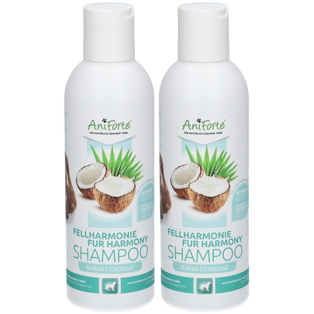 Zwei weiße Shampoo-Flaschen mit Aufdruck. Aufschrift: Fellharmonie Shampoo Kokos. Marke AniForte mit Kokosnuss-Illustration.