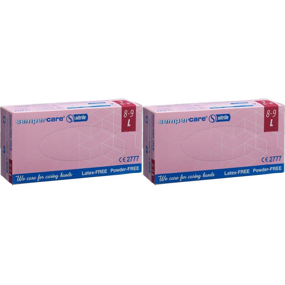 Zwei Kartons mit SEMPERCARE® Nitrilhandschuhen. Größe L, 8-9. Latex- und puderfrei. CE-Kennzeichnung.