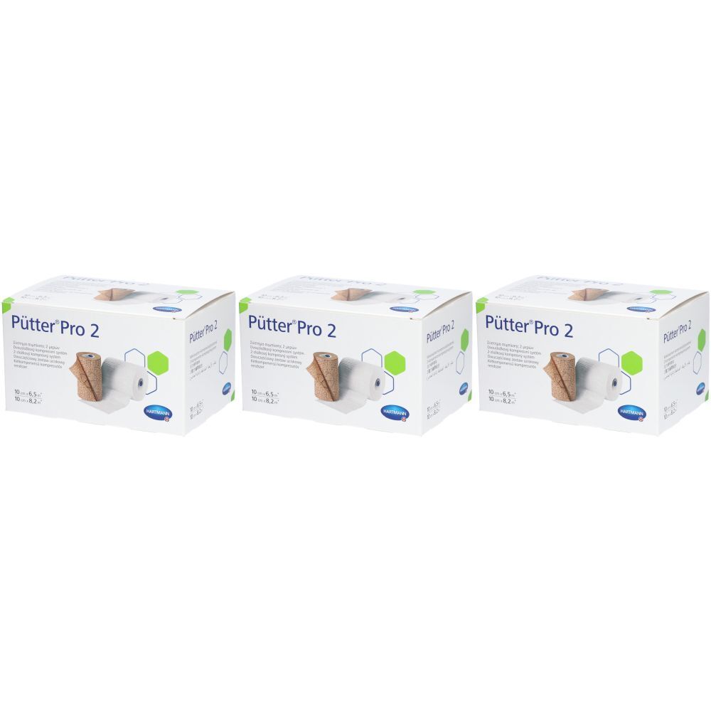 Drei Kartons mit der Aufschrift "Pütter Pro 2". Jede Box enthält eine Bandage und eine Polsterbinde. Verpackung mit grünem und blauem Design.
