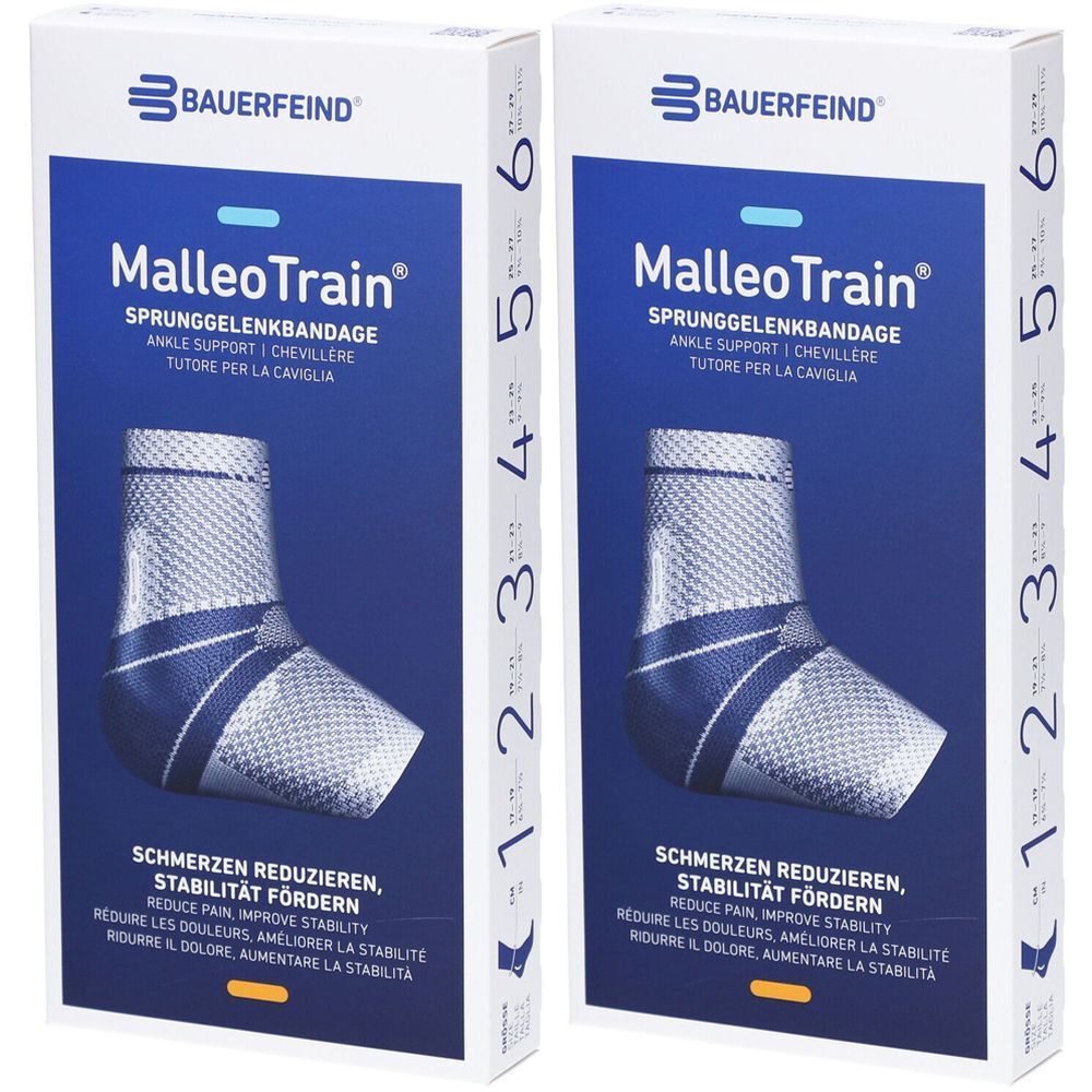 Zwei Verpackungen von MalleoTrain Sprunggelenkbandagen. Blaue und weiße Verpackung mit Produktabbildung und Größenangaben.