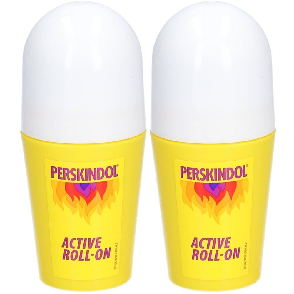 Zwei gelbe Roll-ons mit weißen Kappen. Aufschrift: PERSKINDOL, ACTIVE ROLL-ON. Mit farbigem Flammen-Logo.