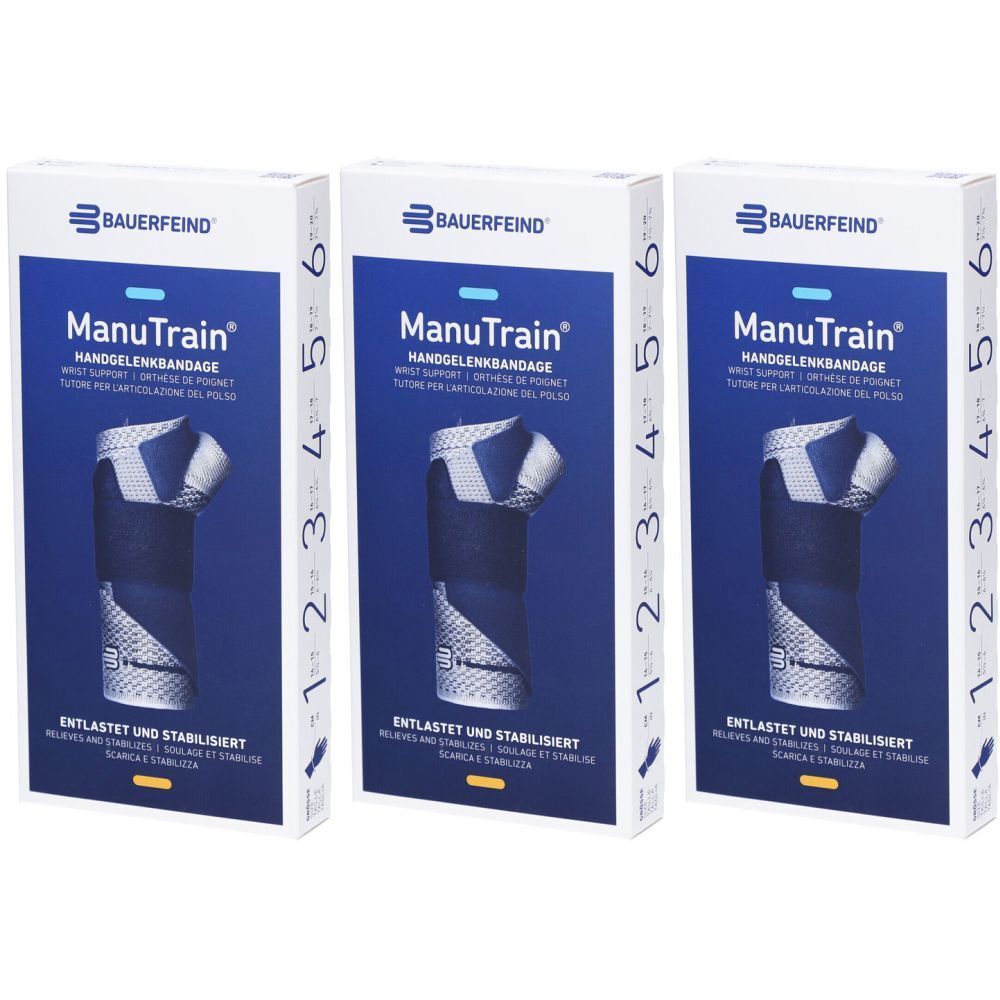 Drei Verpackungen der Handgelenkbandage ManuTrain von Bauerfeind. Blaue Verpackung mit Produktabbildung und Größenangaben.