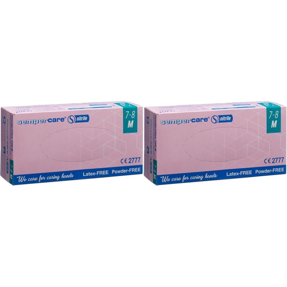 Deux boîtes de gants en nitrile SEMPERCARE®. Emballage rose avec informations produit et marquage CE. Taille M, 7-8.
