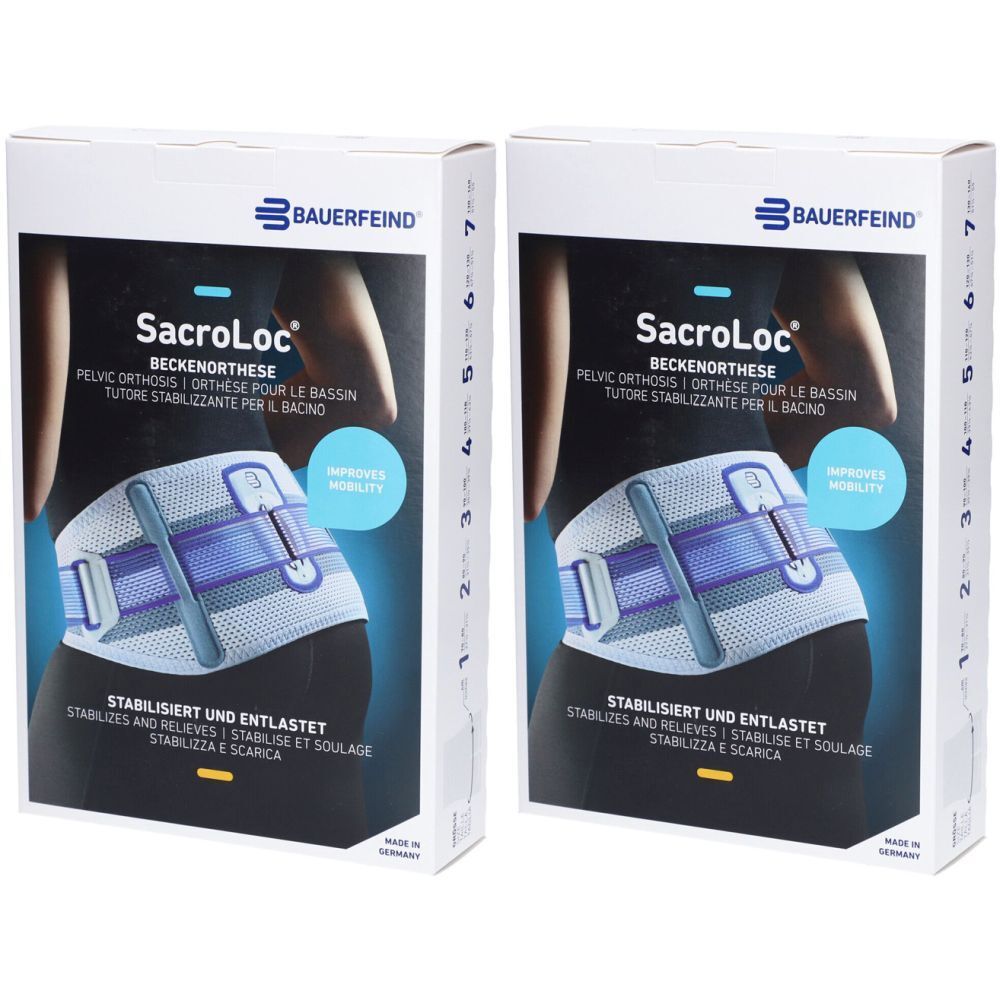 Zwei Produktverpackungen der Marke BAUERFEIND. Aufdruck: SacroLoc Beckenorthese. Abgebildet ist eine Beckenorthese in Gebrauch.