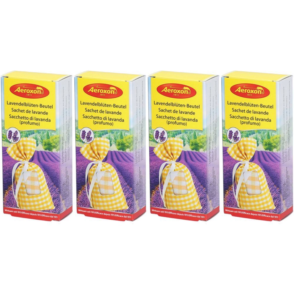 Vier dozen met lavendelbloemzakjes. Gele verpakking met productnaam en paarse lavendelillustratie.