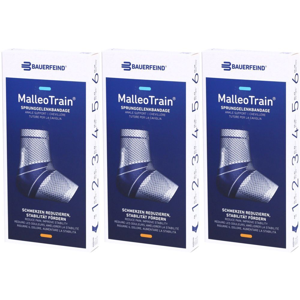 Drei Verpackungen der MalleoTrain Sprunggelenkbandage. Auf jeder Packung ist das Produkt abgebildet, Größenangaben und der Markenname Bauerfeind.