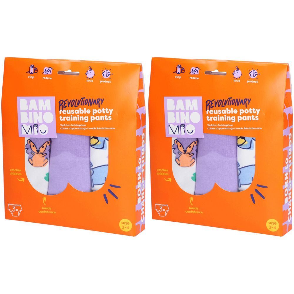 Deux emballages orange avec culottes d'apprentissage réutilisables. Inscription : Bambino, Révolutionnaire, 3-4 ans.