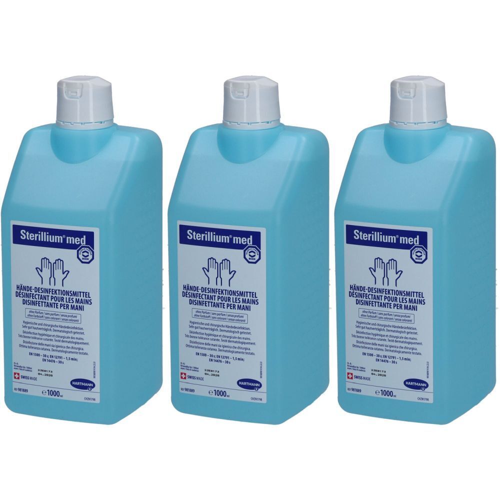 Drei blaue Flaschen mit weißem Verschluss. Aufkleber mit Produktinformationen und dem Schriftzug "Sterillium med".
