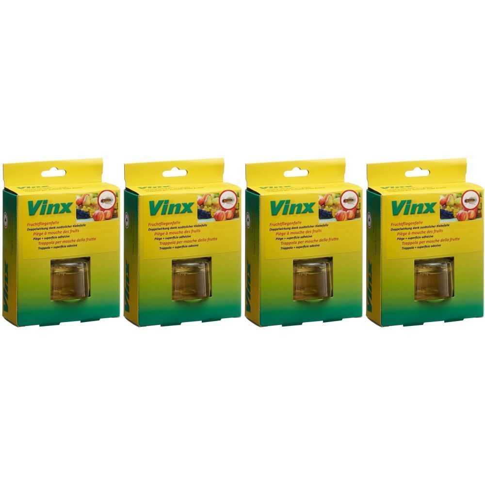 Quatre boîtes de pièges à mouches des fruits. Chaque boîte a une partie supérieure jaune et une partie inférieure verte avec la marque Vinx.
