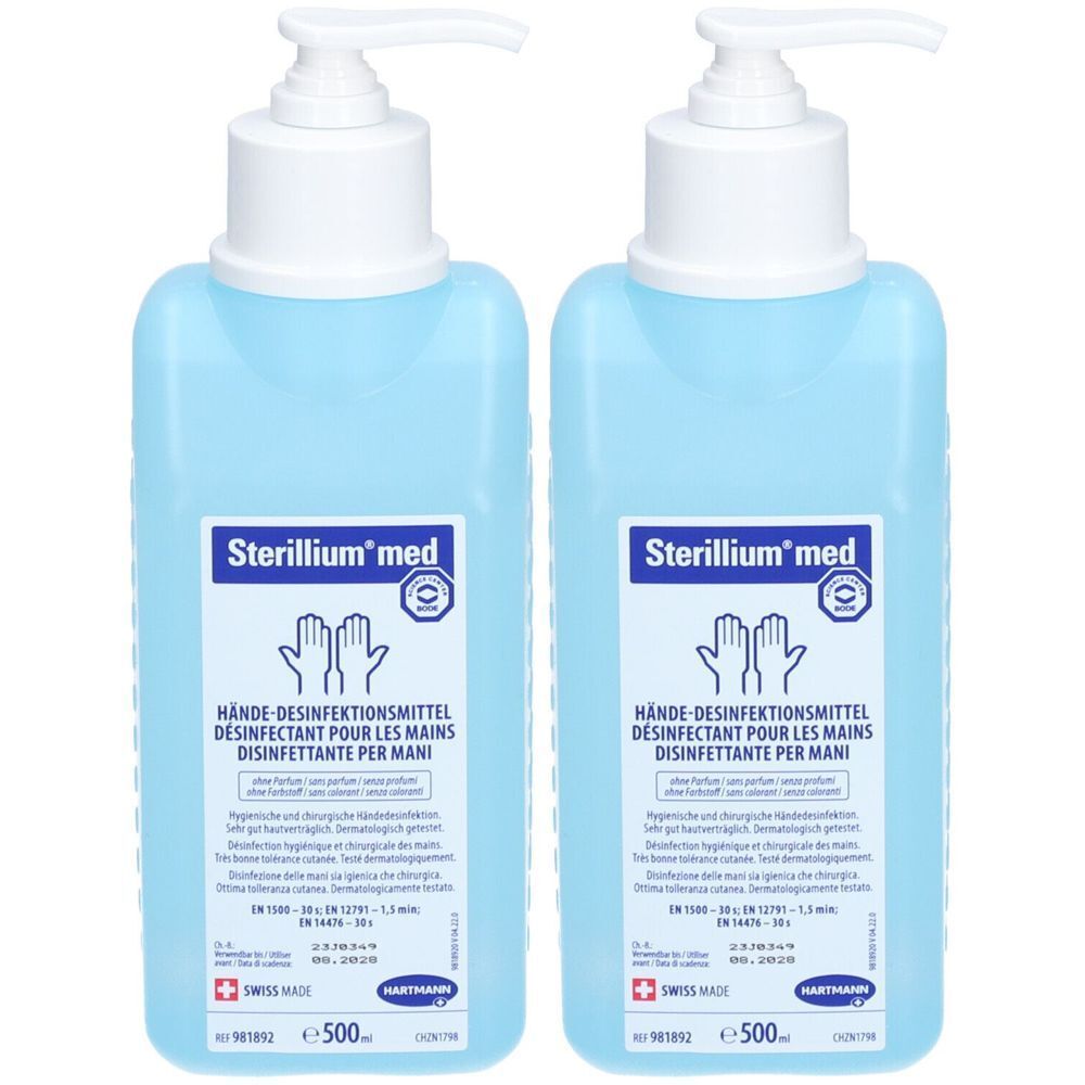 Zwei blaue Flaschen mit Spender. Aufschrift: Sterillium med, Hände-Desinfektionsmittel. Mit Logo und Text in mehreren Sprachen.