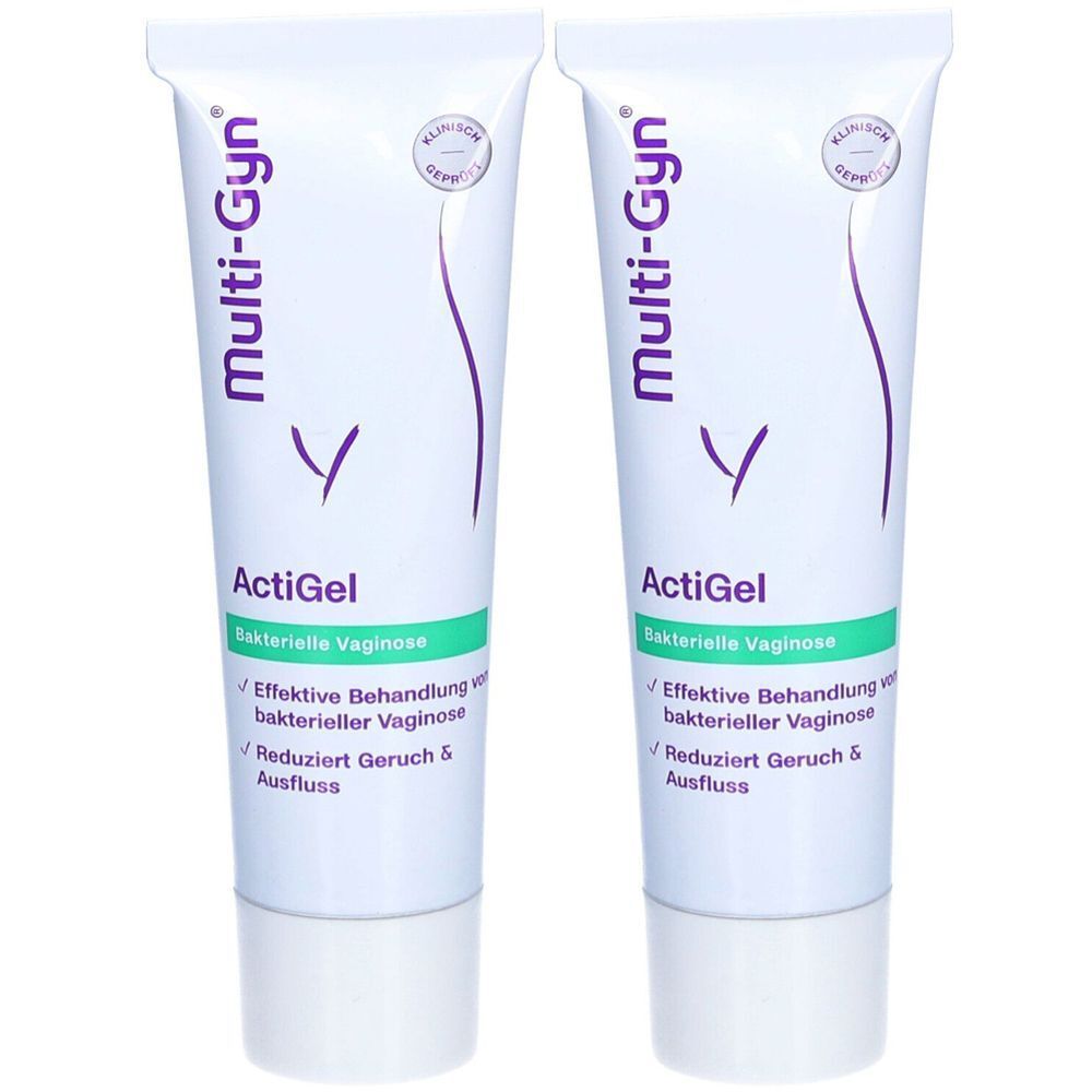 Zwei Tuben ActiGel. Aufschrift: Multi-Gyn, ActiGel, Bakterielle Vaginose. Wirksam bei bakterieller Vaginose. Reduziert Geruch und Ausfluss.
