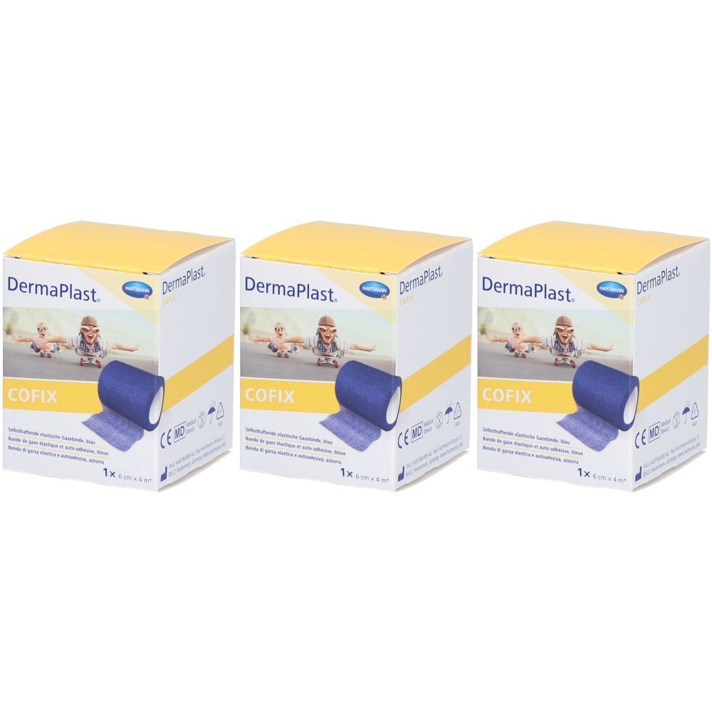 Drei Packungen CoFix-Bandagen. Jede Packung zeigt eine blaue Bandage und den Schriftzug "COFIX". Die Verpackung hat ein gelbes Oberteil.