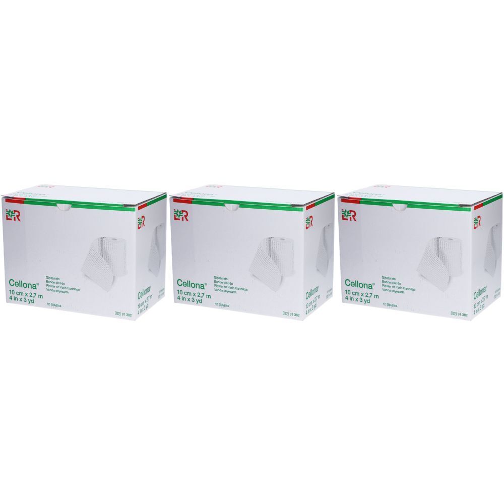 Trois boîtes de bandages plâtrés L&R Cellona®. Boîtes blanches avec bande verte et informations produit. Inscription Cellona® et logo L&R.