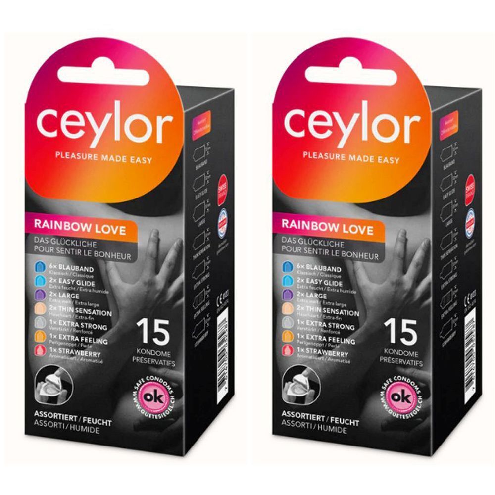 Zwei Packungen Kondome. Aufdruck: "ceylor", "Rainbow Love", 15 Stück. Mit ok-Siegel.