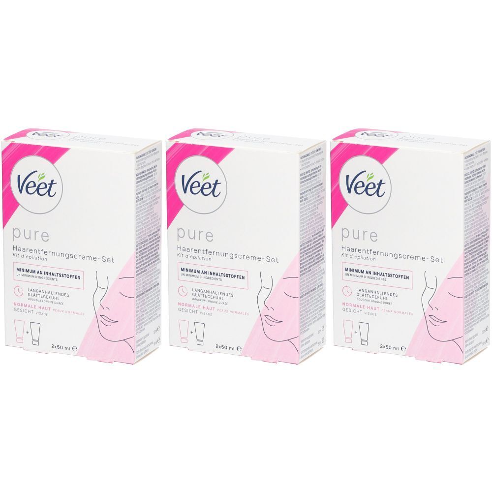 Trois boîtes blanches avec des accents roses. Chaque boîte porte l'inscription "Veet pure Haarentfernungscreme-Set".