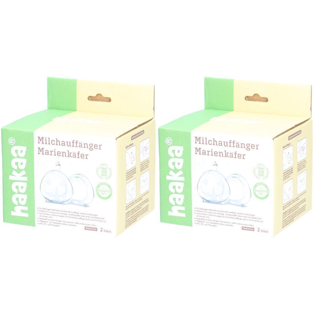 Zwei Produktverpackungen. Aufschrift: HAAKAA, Milchauffänger Marienkäfer. Kartons mit grünen und beigen Elementen.