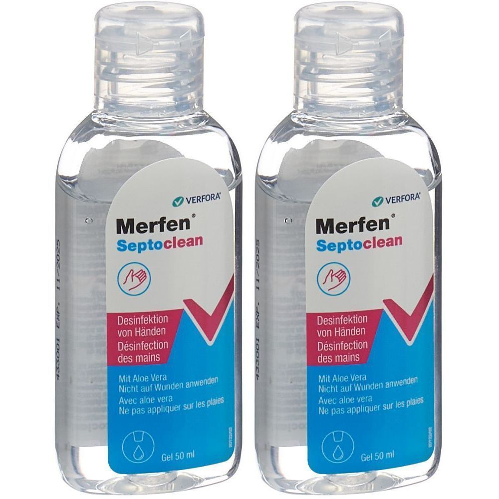 Zwei transparente Flaschen mit Schraubverschluss. Auf den Etiketten steht "Merfen Septoclean" und "Desinfektion von Händen".
