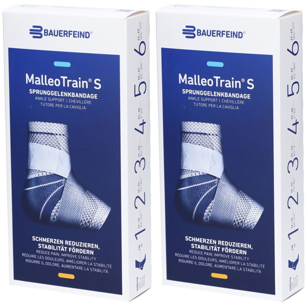 Zwei Boxen mit Knöchelbandage. Aufschrift: MalleoTrain S, Bauerfeind. Größenangabe 1-6. Reduziert Schmerzen, fördert Stabilität.