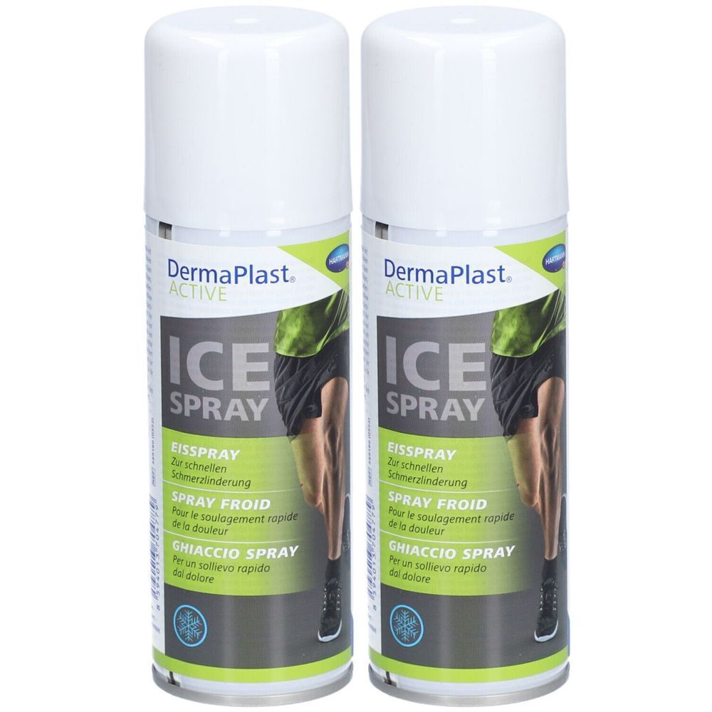 Zwei weiße Sprühdosen mit der Aufschrift "DermaPlast ACTIVE ICE SPRAY". Aufschrift in Deutsch, Französisch und Italienisch.
