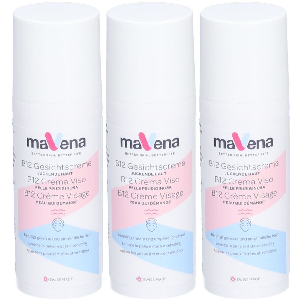Drei weiße Flaschen MAVENA B12 Gesichtscreme. Aufschrift in Deutsch, Italienisch und Französisch. Schweizer Produkt.