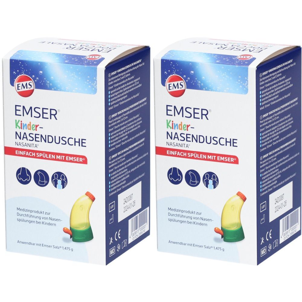 Zwei Kartons EMSER Kinder-Nasendusche. Aufdruck: Produktname, Illustrationen, CE-Zeichen. Nasendusche-Beispiel abgebildet.