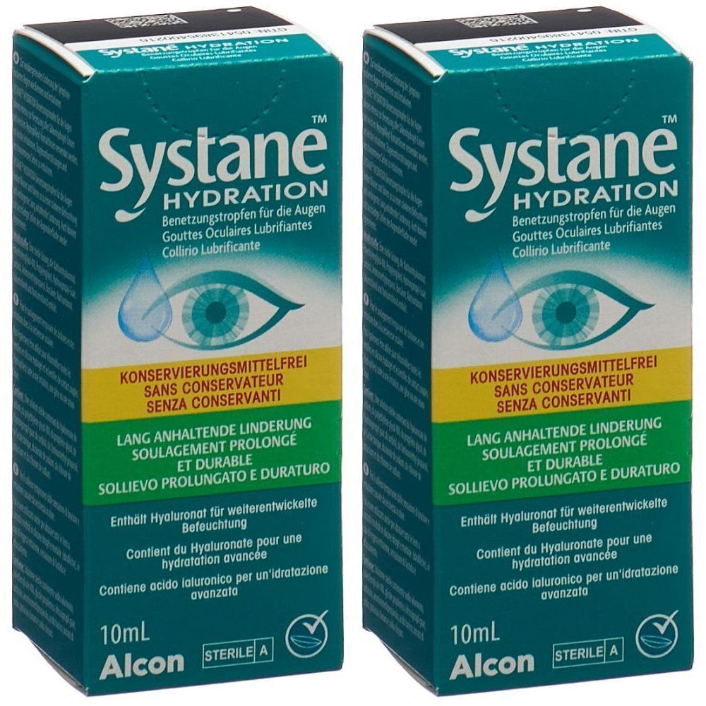 Zwei Schachteln SYSTANE Hydration Augentropfen. Türkis-weißes Design mit Produktnamen und Augenabbildung. 10 ml.