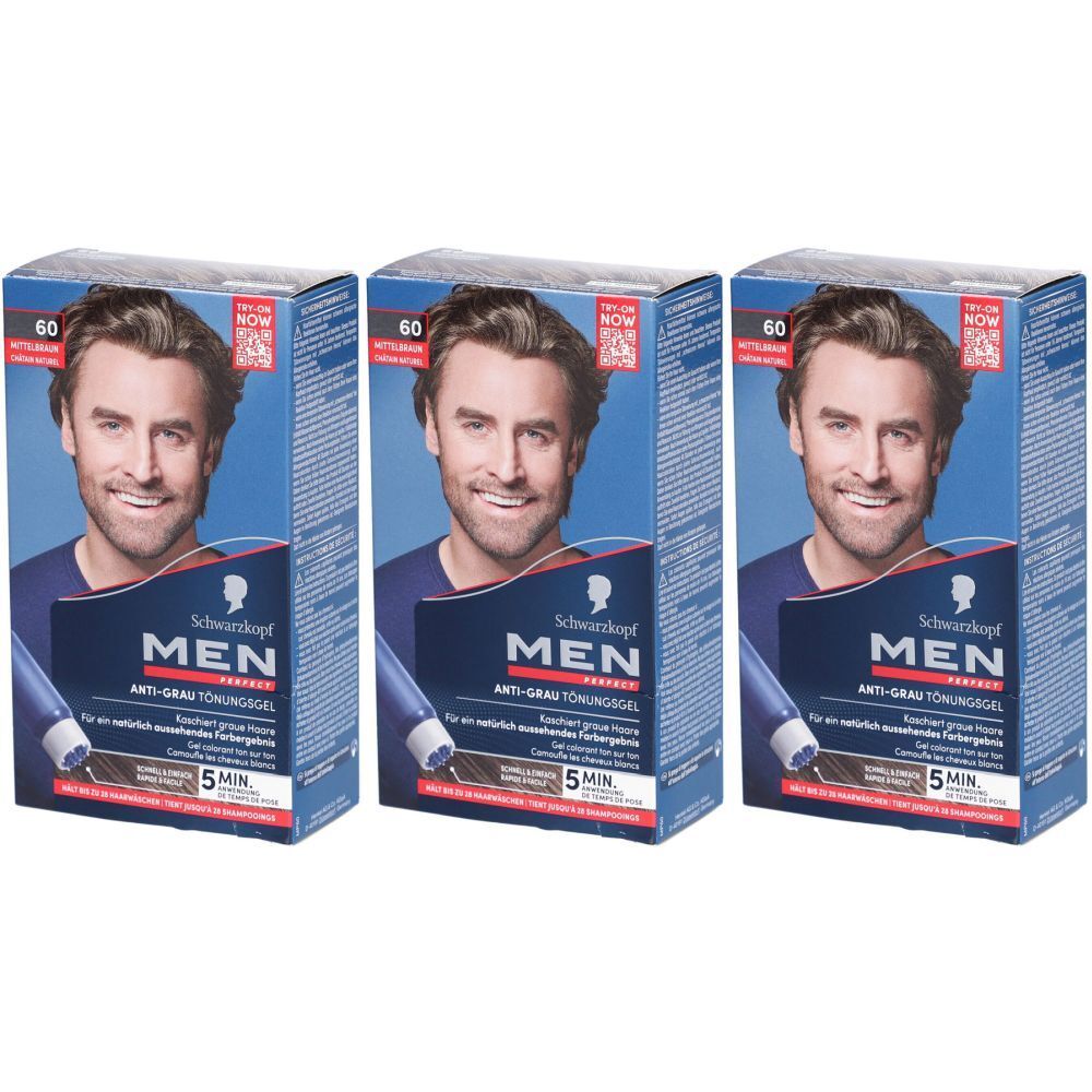 Trois boîtes de coloration capillaire pour hommes. Chaque boîte présente un homme. Texte : MEN PERFECT Anti-Grau Tönungsgel.