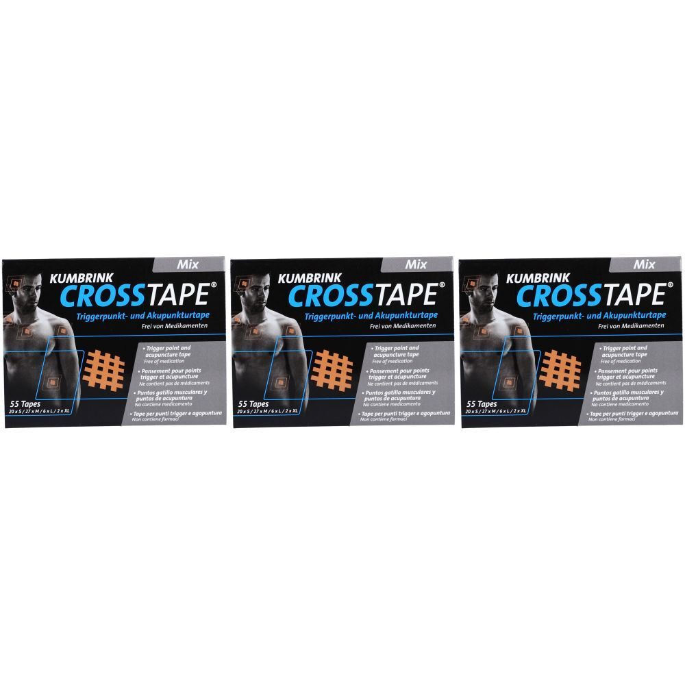 Drei Packungen CROSSTAPE Mix Tape. Schwarze Verpackung mit Produktname und Abbildung eines Mannes. 55 Tapes pro Packung.