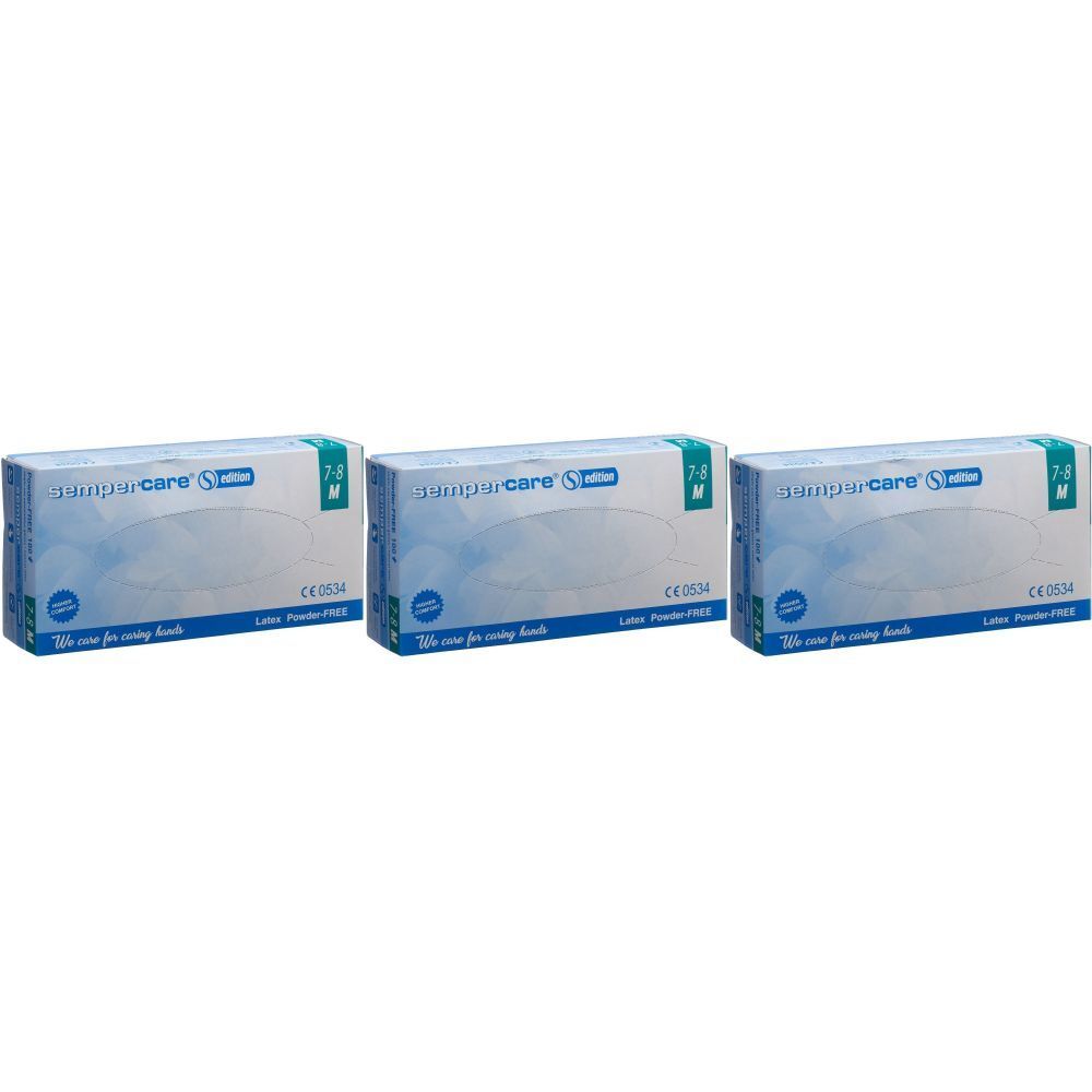 Trois boîtes de SEMPERCARE® Ausgabe Gants latex M. Emballage bleu avec informations et logo. Taille 7-8 M.