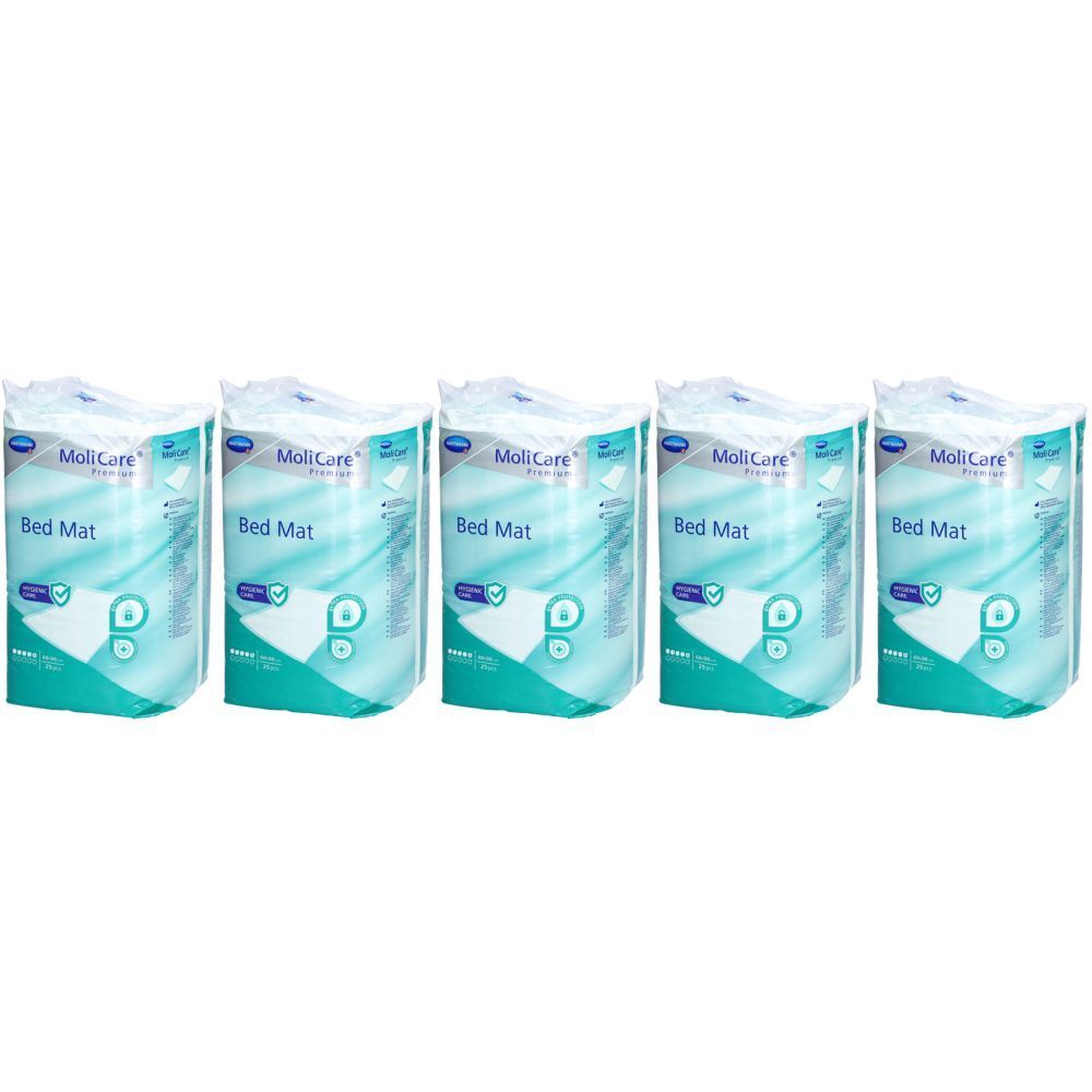 Fünf Packungen MoliCare Bed Mat. Verpackung mit blau-weißem Design und Produktbezeichnung. Aufschrift: MoliCare Premium.