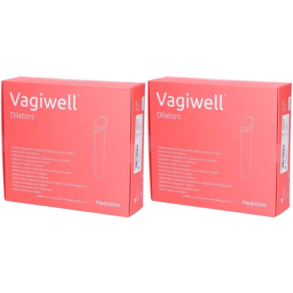 Zwei rote Kartons mit "Vagiwell Dilators"-Logo und Produktabbildung. Text in mehreren Sprachen. Marke: Medintim.