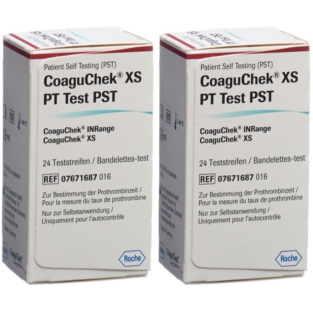 Zwei Kartons CoaguChek XS PT Test PST. Aufschrift: 24 Teststreifen. Marke Roche.