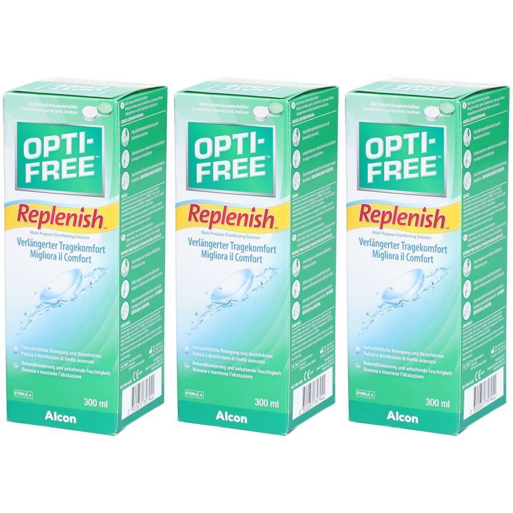 Drei grüne Verpackungen mit "OPTI-FREE Replenish"-Schriftzug. Text in Deutsch und Italienisch. Alcon-Logo unten.