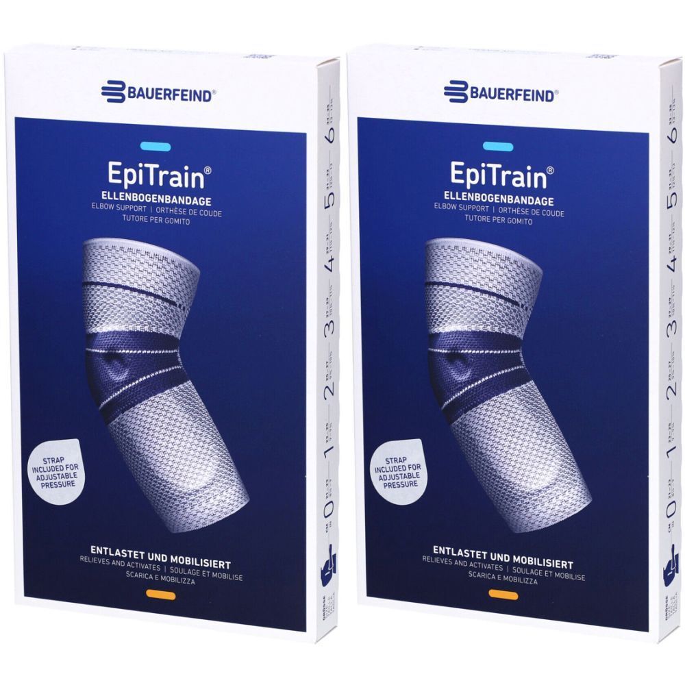 Zwei Verpackungen der EpiTrain Ellenbogenbandage. Marke Bauerfeind. Produktabbildung auf blauem Hintergrund. Größenangabe auf der Seite.