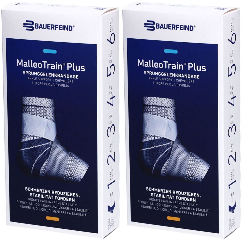 Zwei rechteckige Verpackungen. Aufschrift: BAUERFEIND, MalleoTrain Plus, Sprunggelenkbandage. Größenangabe 1-6.