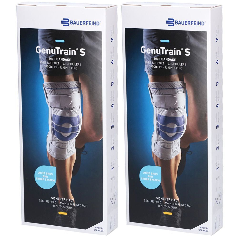 Zwei Produktverpackungen. Aufschrift: BAUERFEIND GenuTrain S Kniebandage. Abgebildet ist eine Kniebandage am Bein.